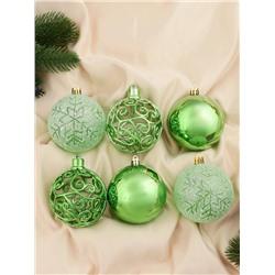 Ёлочные игрушки «Эстер», снежинки, шары новогодние, набор 6 шт., d=8 см, зелёный