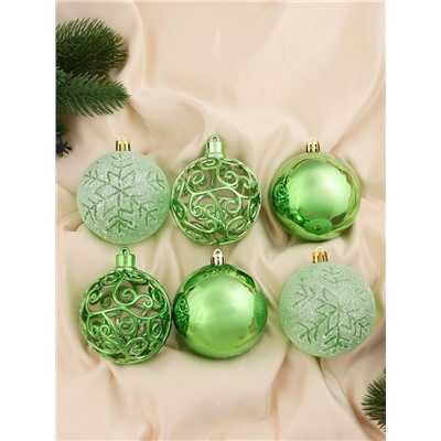 Ёлочные игрушки «Эстер», снежинки, шары новогодние, набор 6 шт., d=8 см, зелёный