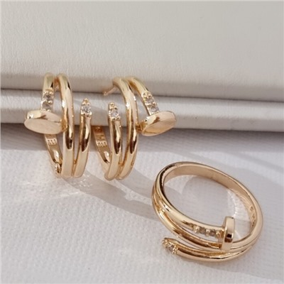 Комплект ювелирной бижутерии коллекция "Дубай" серьги и кольцо 19 р, покрытие позолота, вставка: фианиты, цвет: прозрачный, арт.314.895-19