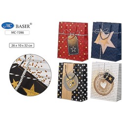 Пакет бумажный 26х32х10 см "ЗВЁЗДЫ,СЕРДЕЧКИ" МС-7286 плотный,цветной с рисунком, ассорти Basir