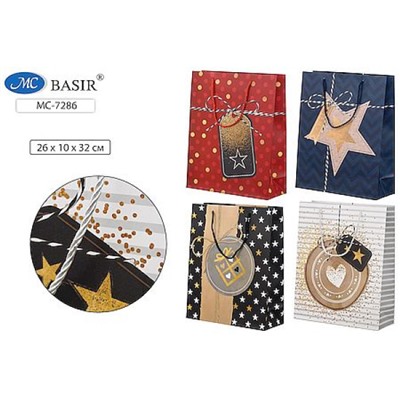 Пакет бумажный 26х32х10 см "ЗВЁЗДЫ,СЕРДЕЧКИ" МС-7286 плотный,цветной с рисунком, ассорти Basir
