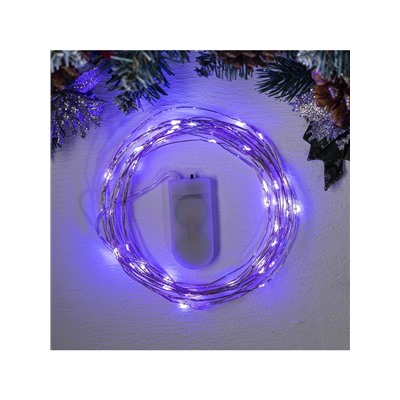 Гирлянда «Нить» 5 м роса, IP20, серебристая нить, 50 LED, батарейки CR2032×2 (в комплекте), свечение фиолетовое