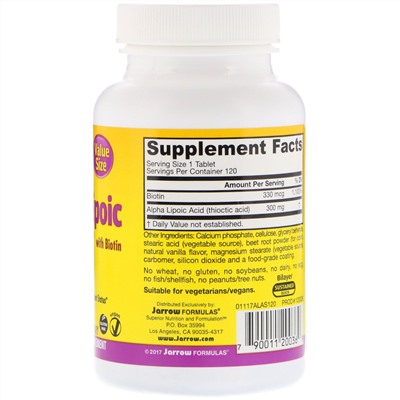 Jarrow Formulas, Alpha Lipoic Sustain, альфа-липоевая кислота с биотином, 300 мг, 120 таблеток