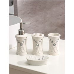 Аксессуары для ванной Доляна «Стразы. Капельки», 4 предмета, дозатор 200 мл, мыльница, 2 стакана, белые