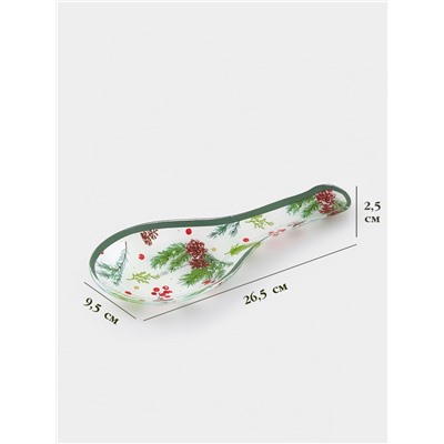 Подставка под ложку новогодняя Доляна «Еловые ветки» 26.5×9.5×2.5 см, стекло, белая, зелёная