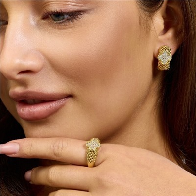 Комплект ювелирной бижутерии Итальянское золото (покрытие желтое 14к) серьги и кольцо 19 р, вставка: фианиты, цвет: прозрачный, арт.217.385-19