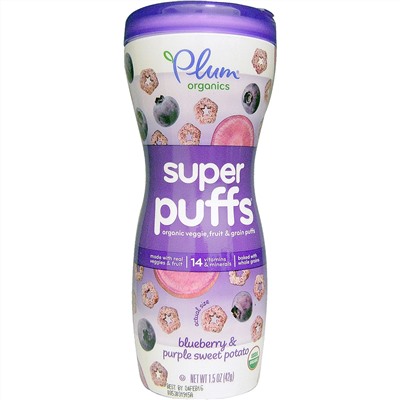Plum Organics, Super Puffs, органические колечки из овощей, фруктов и злаков, черника и фиолетовый сладкий картофель, 42 г (1,5 унции)