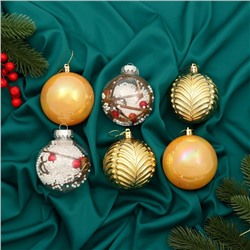 Ёлочные игрушки «Мелодия», шары новогодние, d=8 см, набор 6 шт., веточки глянец, золотистый