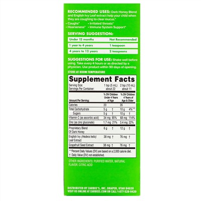 Zarbee's, Children's Cough Syrup + Mucus, Dark Honey & Ivy Leaf,  For Children 12 Months+, Natural Cherry Flavor, 4 fl oz (118 ml)