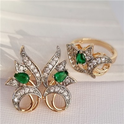 Комплект ювелирная бижутерия коллекция  "Дубай" серьги и кольцо 19 р, покрытие: позолота, вставка: фианиты, цвет: зеленый и прозрачный, арт.217.289-19