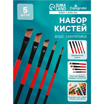 Набор кистей нейлон 5 штук: 2 круглые, 3 плоские