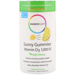 Rainbow Light, Витамин D3, солнечные жевательные таблетки с лимонным вкусом, 1,000 МЕ, 100 жевательных таблеток