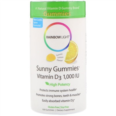 Rainbow Light, Витамин D3, солнечные жевательные таблетки с лимонным вкусом, 1,000 МЕ, 100 жевательных таблеток