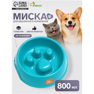 Миска для медленного кормления «Лапа», 800 мл, пластик, бирюзовая