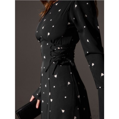 Платье с завязками на талии миди женское MINAKU Flower, размер 42, чёрное, белое
