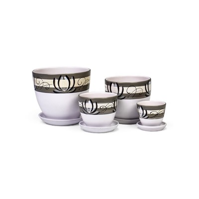 Набор горшков для цветов «Лотос», 4 шт., с поддоном, 0.4 / 1 / 2.5 / 5 л, керамика, белые с зелёными полосками