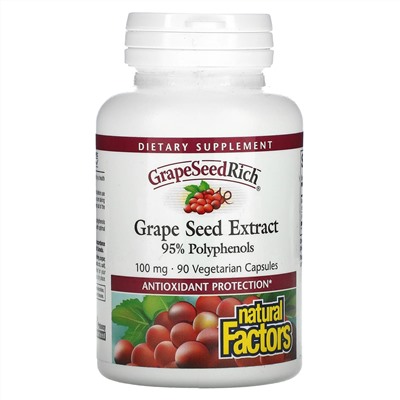 Natural Factors, GrapeSeedRich, экстракт виноградных косточек, 100 мг, 90 вегетарианских капсул