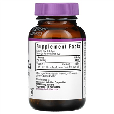 Bluebonnet Nutrition, Vitamin D3, 1,000 IU (25 mcg), 100 Softgels