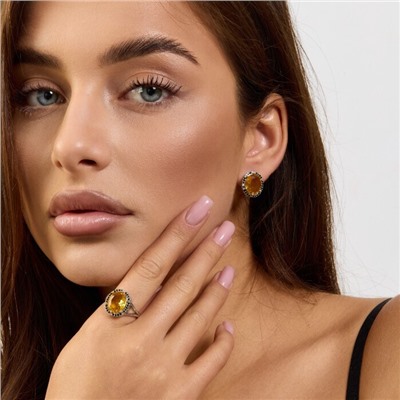 Комплект ювелирной бижутерии коллекция "Дубай" серьги и кольцо 19 р покрытие посеребрение, вставка: стекло и цирконы, цвет: желтый и черный, арт.215.610-19