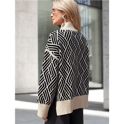 Свитер с боковыми разрезами жаккардовой вязки с кашемиром