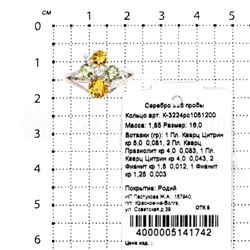 Кольцо из серебра с кварцем цитрин, празиолит и фианитами родированное 925 пробы К-3224рс1051200