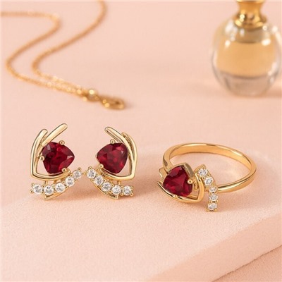 Комплект ювелирной бижутерии коллекция "Дубай" серьги и кольцо 19 р, покрытие позолота,  вставка: фианиты, цвет: красный и прозрачный, арт.217.378-19