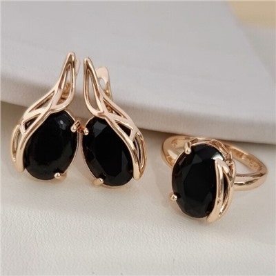 Комплект ювелирной бижутерии коллекция "Дубай" серьги и кольцо 17 р, покрытие позолота, вставка: стекло, цвет: черный, арт.414.335-17