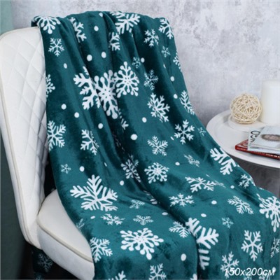 Плед флисовый 150х200 см Снежинки на зеленом фоне / GP611-14 /уп 20/100/745283 новогодний