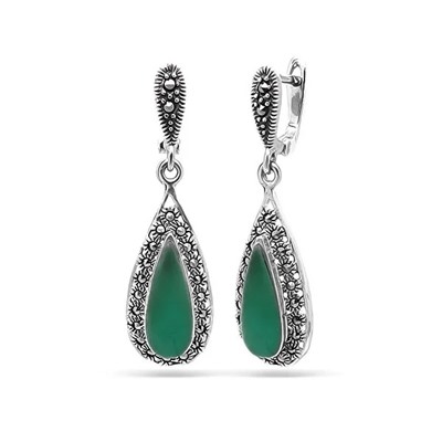 Серьги из серебра зеленый агат, марказит, SL-AGA42