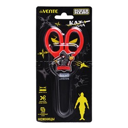 Ножницы детские "SuperHero. Assassin" 13,5 см, пластиковые кольца, защитный футляр с каучуковым декоративным элементом, черные с красным, в картонном блистере