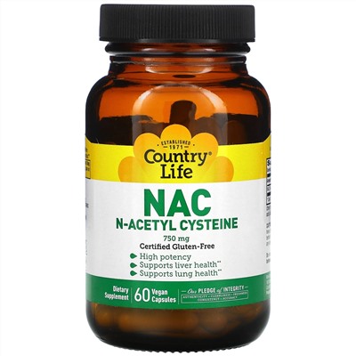 Country Life, NAC, N-ацетилцистеин, 750 мг, 60 вегетарианских капсул