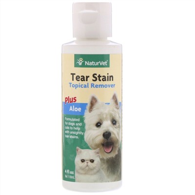 NaturVet, Tear Stain, средство для удаления пятен от слез с шерсти для животных с алоэ, для собак и котов, 4 жидк. унции (118 мл)