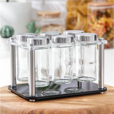 Набор для специй на подставке «Хай-тек», 19×21.5 см, 90 мл, 4×9.5 см, 6 шт.