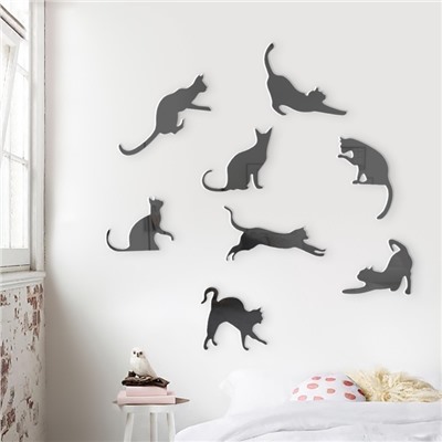 Зеркало настенное «Котики», акриловое, 8 шт., на клеевой основе, разный размер, чёрное