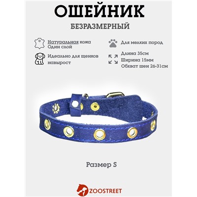 Ошейник, безразмерный, 35×1.5 см, с подпряжником, кожа, синий