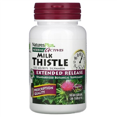 Nature's Plus, Herbal Actives, расторопша, с замедленным высвобождением, 500 мг, 30 таблеток