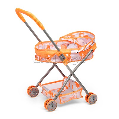 Коляска кукольная (металлическая, с капюшоном, сумкой и корзинкой, цвет оранжевый, с принтом) в пакете