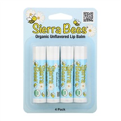 Sierra Bees, Органические бальзамы для губ, без вкуса, 4 шт. в упаковке, 0,15 унции (4,25 г) каждый