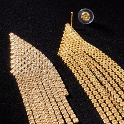 Серьги длинные женские вечерние со стразами, цвет: золотистый и прозрачный, арт.012.045