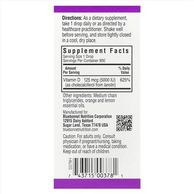 Bluebonnet Nutrition, капли витамина D3, с натуральным цитрусовым вкусом, 5000 МЕ, 30 мл (1 жидкая унция)