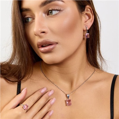 Комплект ювелирной бижутерии коллекция "Дубай" серьги, кулон и кольцо 19 р покрытие посеребрение, вставка: стекло, цвет: розовый, арт.215.597-19