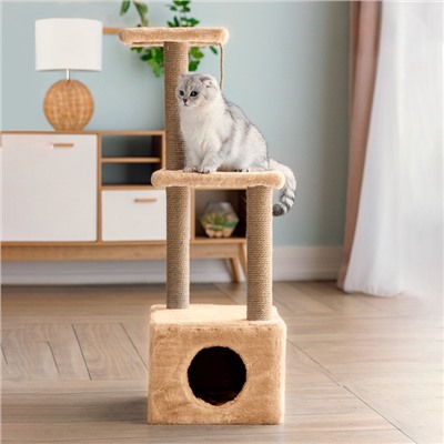 Домик для кошек с когтеточкой, с двумя полками, джут, 37×37×111 см, бежевый