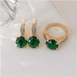 Комплект ювелирной бижутерии Итальянское золото (покрытие желтое 14к) серьги и кольцо 19 р, вставка: фианиты и цирконы, цвет: зеленый и прозрачный, арт.217.384-19