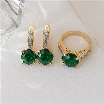 Комплект ювелирной бижутерии Итальянское золото (покрытие желтое 14к) серьги и кольцо 20 р, вставка: фианиты и цирконы, цвет: зеленый и прозрачный, арт.217.384-20