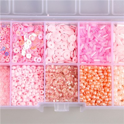 Бисер стекло 8/0, 12/0 в шкатулке «Розовый», бусины, стеклярус и пайетки, 13×6.5×2.3 см