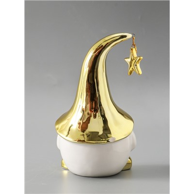 УЦЕНКА Сувенир керамика свет "Гном в золотом колпаке со звездой" белый 11,6х10,7х19,3 см