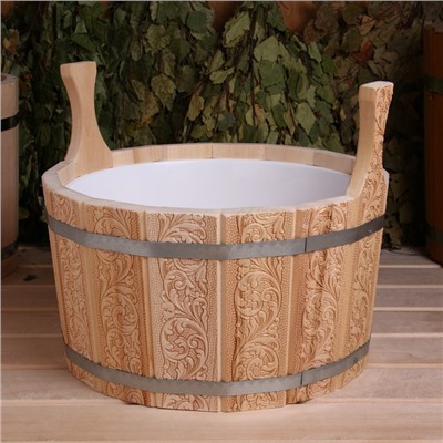 Шайка для бани и сауны «Русский узор», 8 л, деревянная, пластиковая вставка, «Добропаровъ»