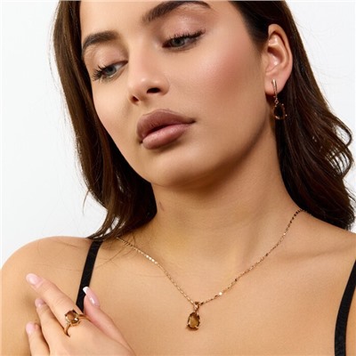 Комплект ювелирной бижутерии коллекция "Дубай" серьги, кулон и кольцо 20 р, покрытие позолота, вставка: стекло, цвет: коричневый, арт.414.329-20