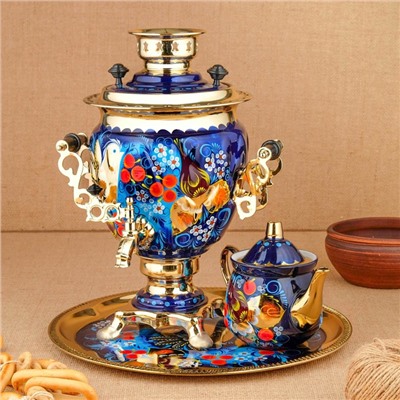 Набор посуды «Птица на синем», 3 предмета: самовар 3 л, заварочный чайник 0.7 л, поднос