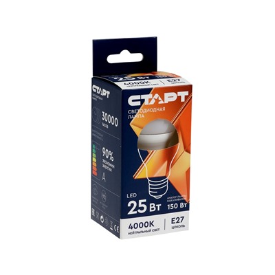 Лампа светодиодная СТАРТ, 25 Вт, Е27, А60, 4000К, 2000 Лм, свечение нейтральное белое